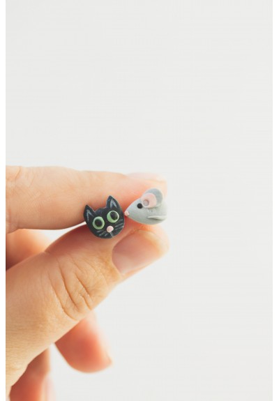 Animal-Inspired Stud Earrings Set for Sensitive Ears – Black Cat & Gray Mouse, Polymer Clay, Hypoallergenic, Gift Box Included