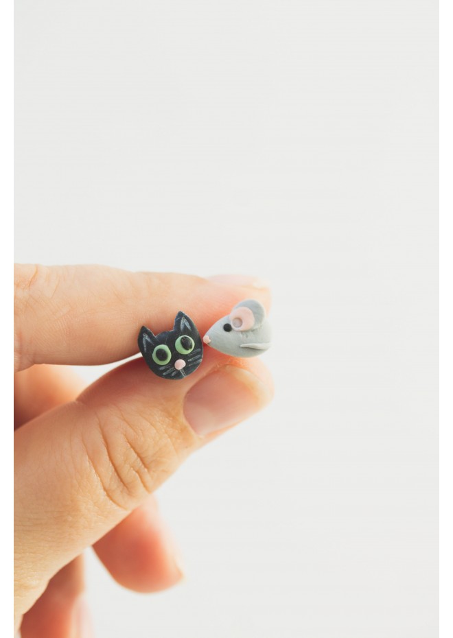 Animal Stud Earrings – Black Cat & Gray Mouse | Hypoallergenic Jewelry for Sensitive Ears