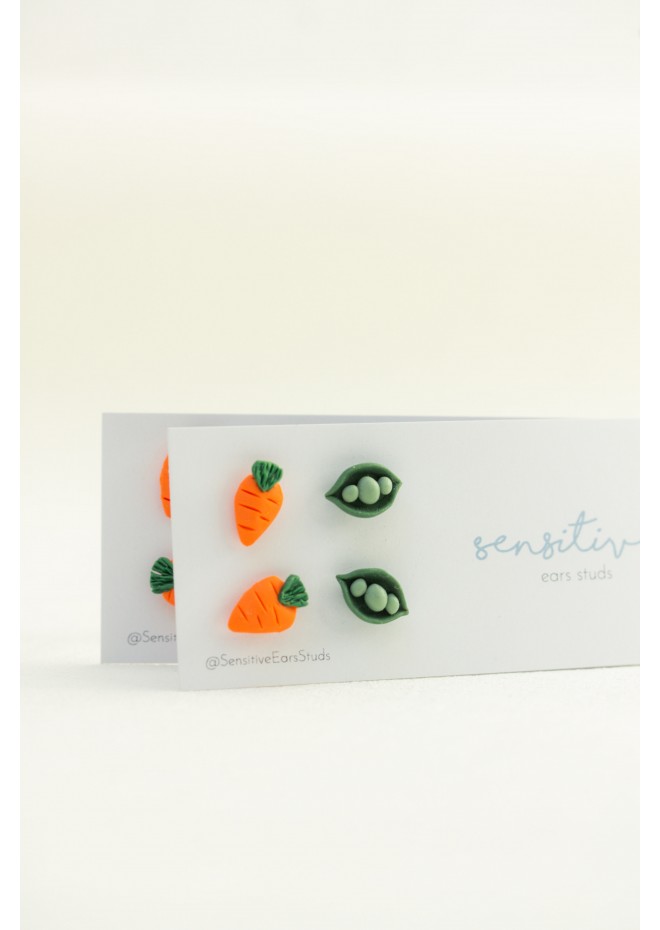 Mini Vegetable Stud Earrings – Carrots & Pea Pods | Hypoallergenic Jewelry for Sensitive Ears