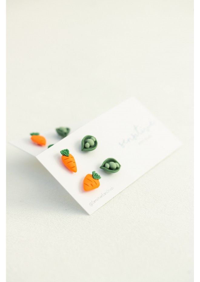 Mini Vegetable Stud Earrings – Carrots & Pea Pods | Hypoallergenic Jewelry for Sensitive Ears