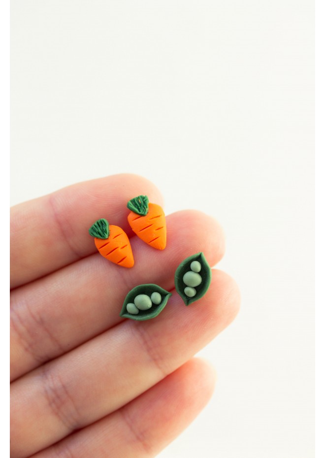 Mini Vegetable Stud Earrings – Carrots & Pea Pods | Hypoallergenic Jewelry for Sensitive Ears