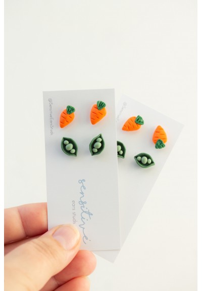 Mini Vegetable Stud Earrings Set – Carrots & Pea Pods, Hypoallergenic Jewelry for Sensitive Ears