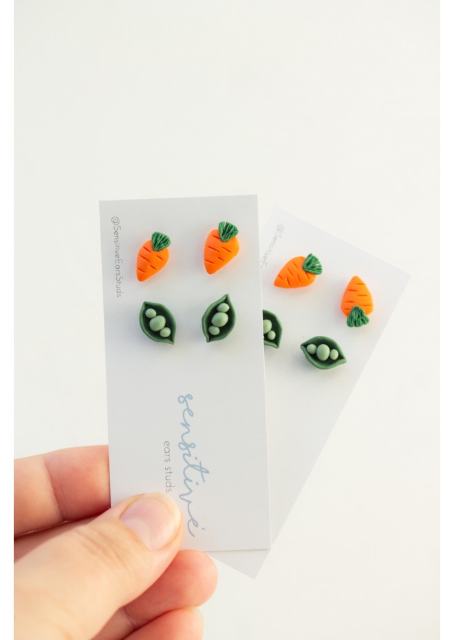 Mini Vegetable Stud Earrings – Carrots & Pea Pods | Hypoallergenic Jewelry for Sensitive Ears