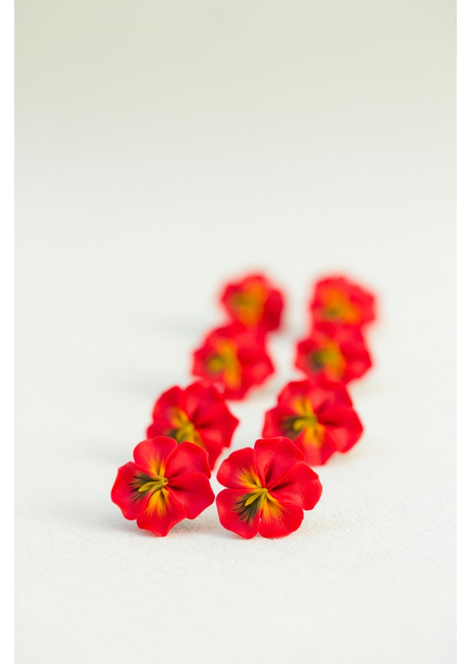 Handmade Red Pansy Clip-On Earrings for Sensitive Ears | Polymer Clay Flower Jewelry