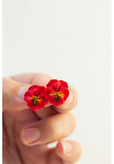 Red Pansy Clip-On Earrings for Non-Pierced Ears – Handmade Polymer Clay Flower Jewelry, Hypoallergenic Plastic Clips