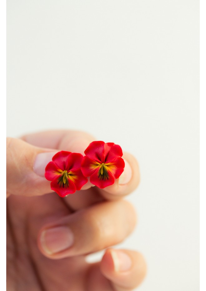 Handmade Red Pansy Clip-On Earrings for Sensitive Ears | Polymer Clay Flower Jewelry