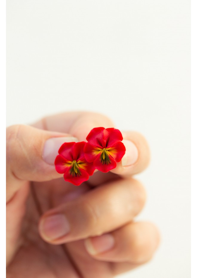 Handmade Red Pansy Clip-On Earrings for Sensitive Ears | Polymer Clay Flower Jewelry