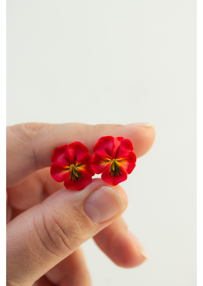 Handmade Red Pansy Clip-On Earrings for Sensitive Ears | Polymer Clay Flower Jewelry