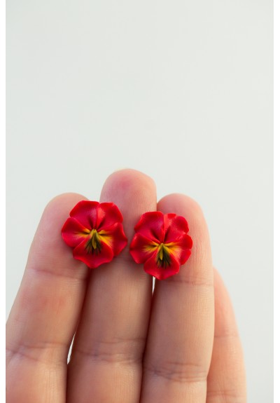 Red Pansy Clip-On Earrings for Non-Pierced Ears – Handmade Polymer Clay Flower Jewelry, Hypoallergenic Plastic Clips