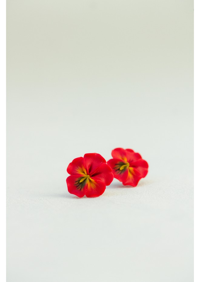 Handmade Red Pansy Clip-On Earrings for Sensitive Ears | Polymer Clay Flower Jewelry