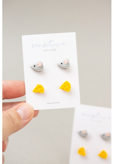 Mouse & Cheese Stud Earrings Set – Hypoallergenic Jewelry for Sensitive Ears, Polymer Clay