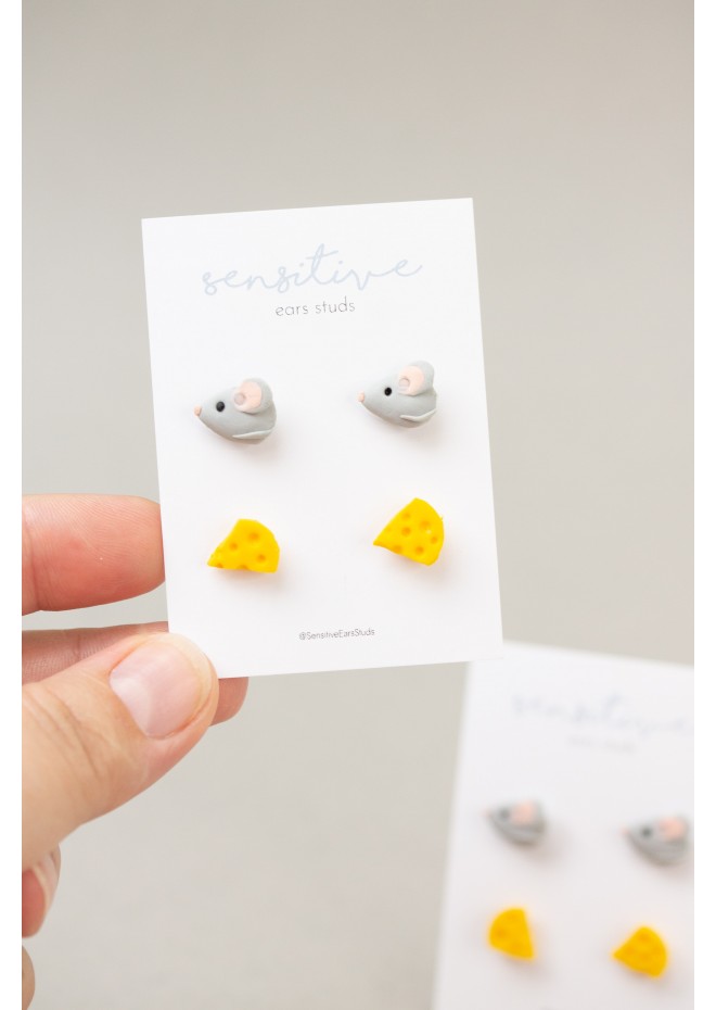 Mouse & Cheese Stud Earrings – Hypoallergenic Polymer Clay Jewelry for Sensitive Ears