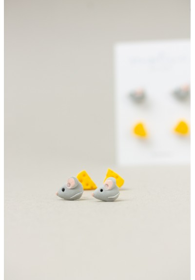 Mouse & Cheese Stud Earrings Set – Hypoallergenic Jewelry for Sensitive Ears, Polymer Clay