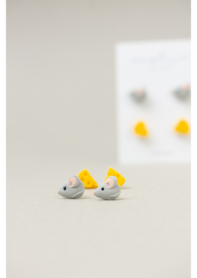 Mouse & Cheese Stud Earrings – Hypoallergenic Polymer Clay Jewelry for Sensitive Ears