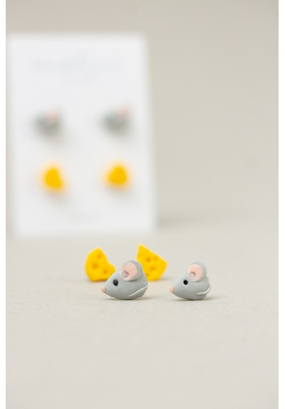 Mouse & Cheese Stud Earrings Set – Hypoallergenic Jewelry for Sensitive Ears, Polymer Clay