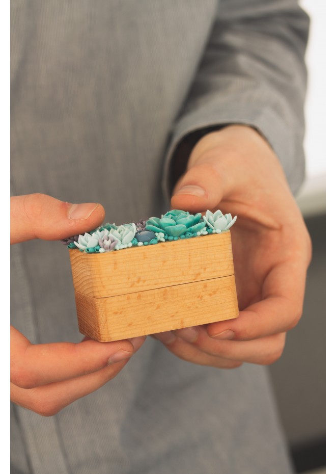 Unique Wooden Ring Box with Succulent Décor