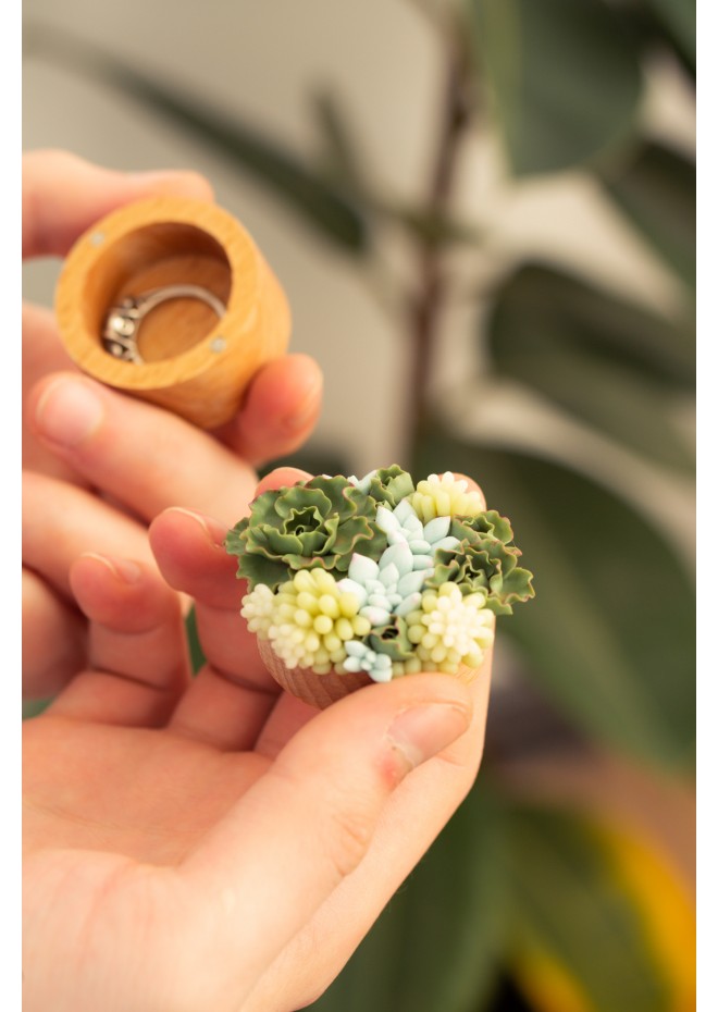 Handmade Wooden Ring Box with Succulent Decor – Unique Ash Wood Jewelry Box