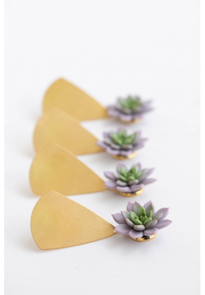 Statement and Original gold color Earrings with Purple Succulent