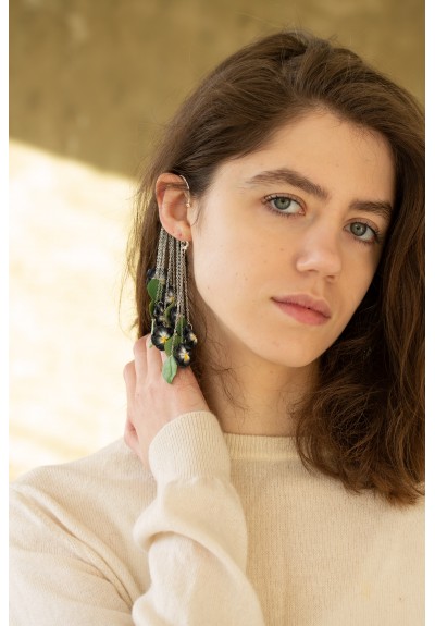 No piercing ear cuff Statement cuff earrings with white and purple pansies and green leafs