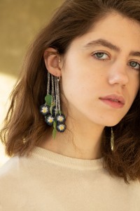 No piercing ear cuff Statement cuff earrings with white and purple pansies and green leafs