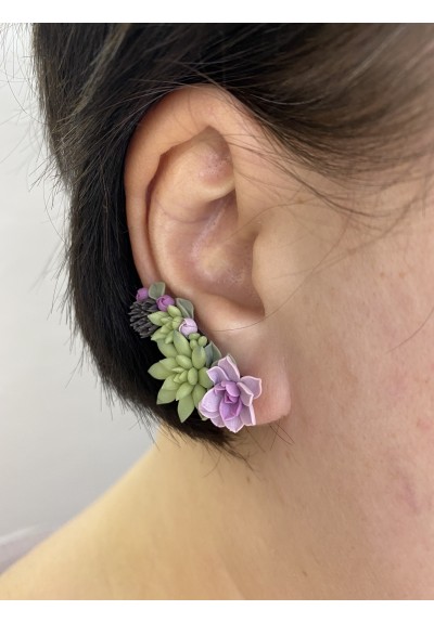 Succulent Echeveria Cuff earrings Green Pink Succulents dangle earrings, unique floral jewelry, design from EtenIren