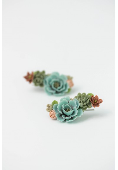 Flowers Boquet Cuff earrings Blue Green Beige floral stud earrings, unique floral jewelry, design from EtenIren