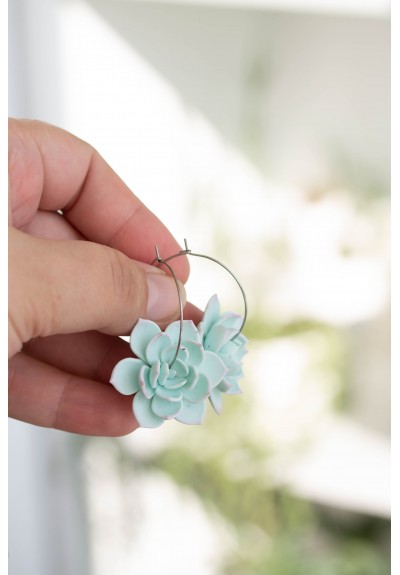 Blue Succulent Flower hoop earrings from polymer clay, 100% handmade