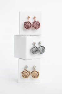 Gray Pink Beige Ranunculus Dangle Rose Earrings,