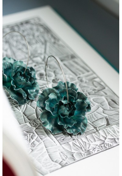 Teal  Flowers hoop earrings from polymer clay, 100% handmade