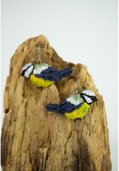 Titmouse birds dandle earrings, made from polymer clay, by EtenIren