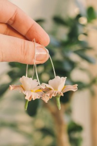 Beige Iris Flower dangle earrings, lightweight and comfortable earrings, made from polymer clay, by EtenIren